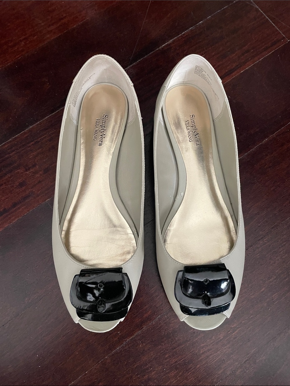Simply Vera Vera Wang Cream Peep-Toe Flats with Black Patent Buckle